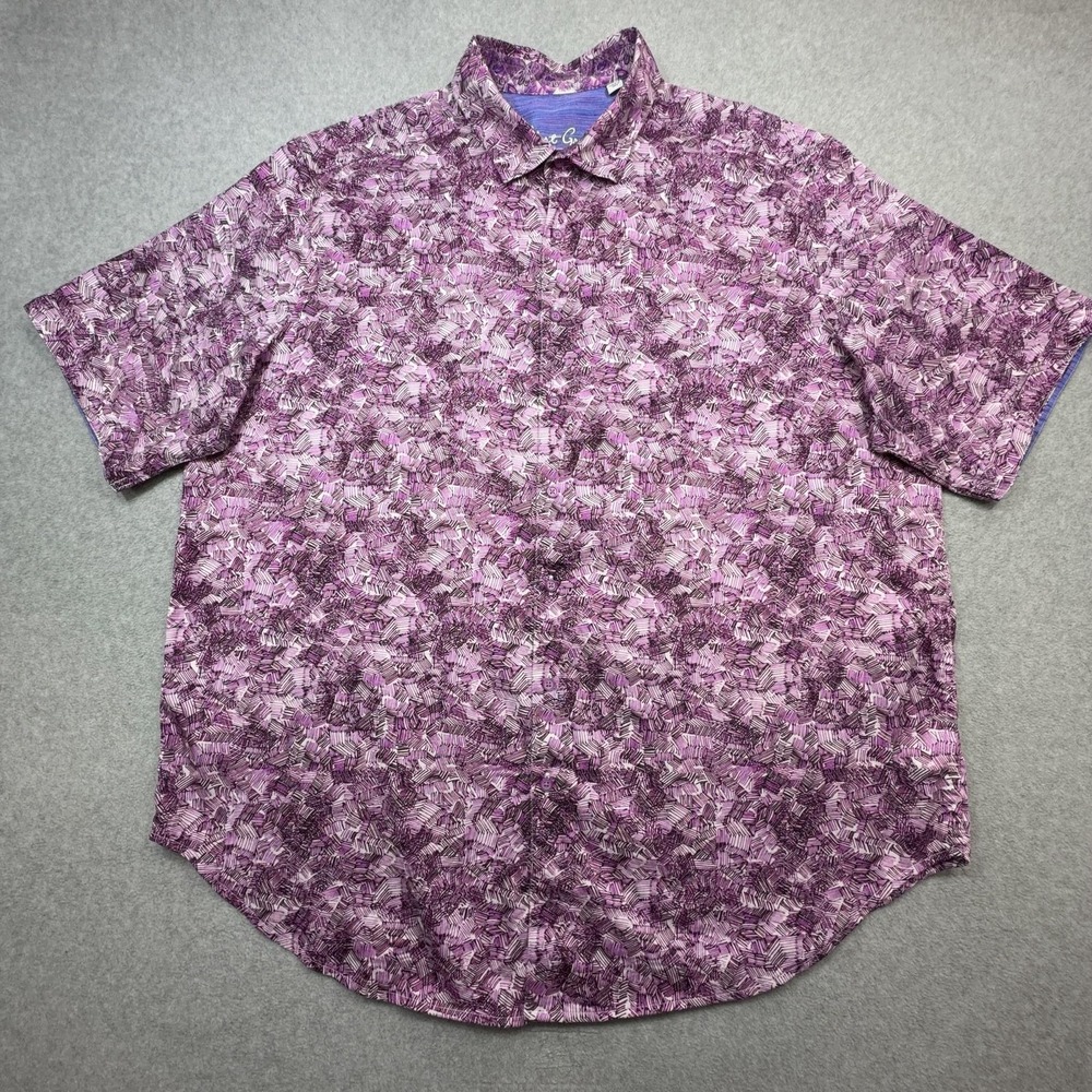 Robert Graham Shirt Men 2XLT Purple Geometric Short Sleeve Stretch Preppy Casual